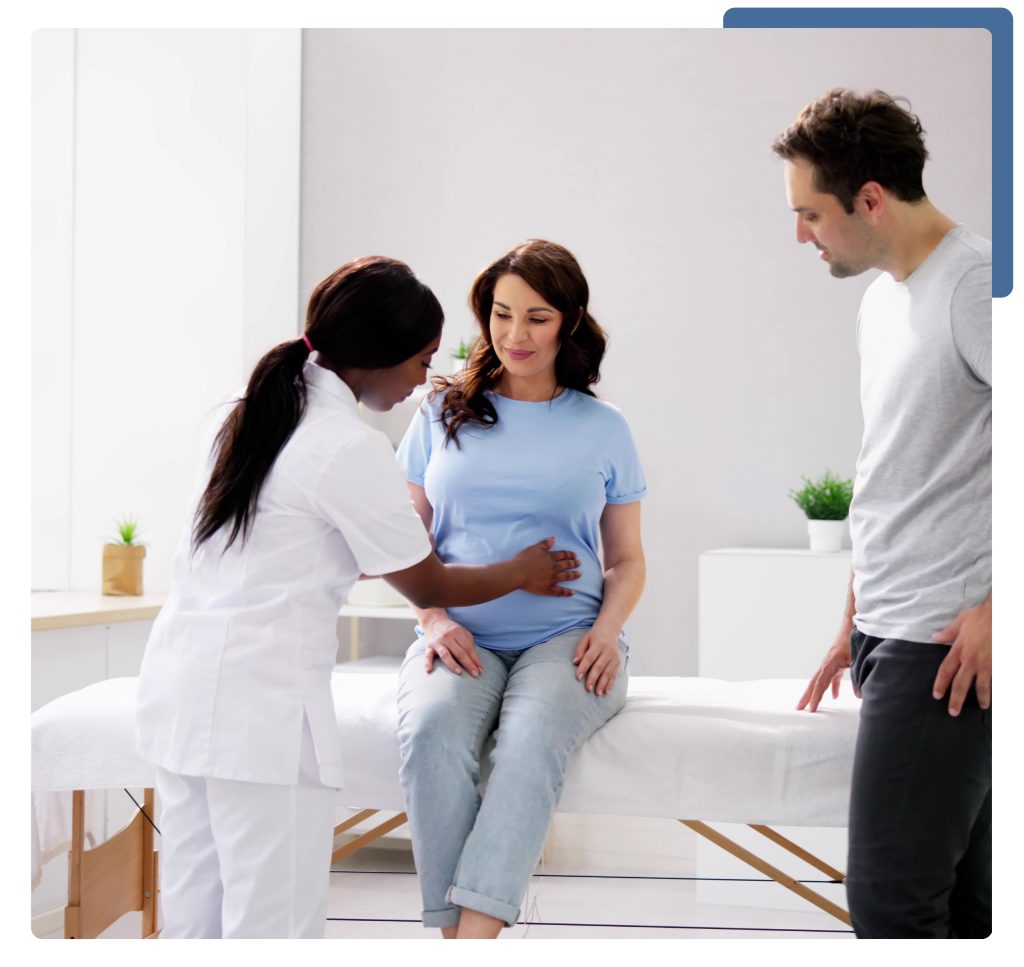A woman undergoing a medical examination by a doctor in a clinical setting.