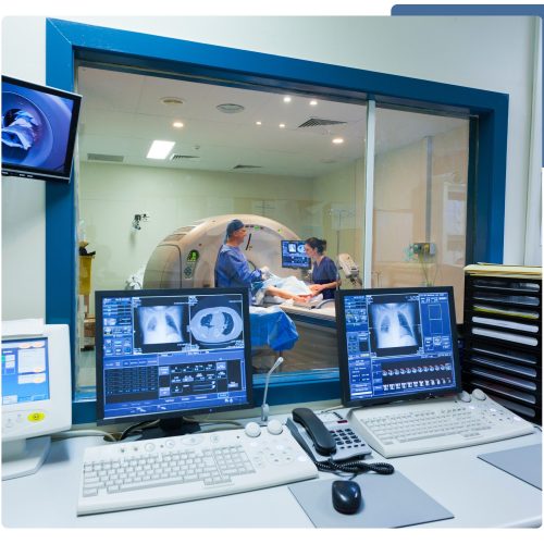 A workspace featuring two monitors and a computer, designed for productivity and multitasking.